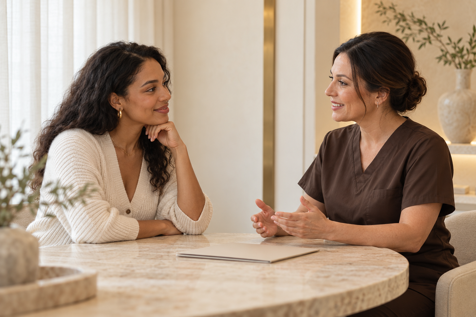 AI-generated illustrative consultation between two adult women