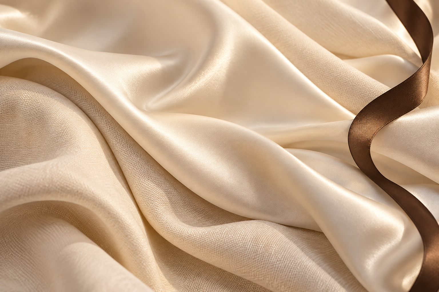 Decorative ivory textile folds and chocolate ribbon